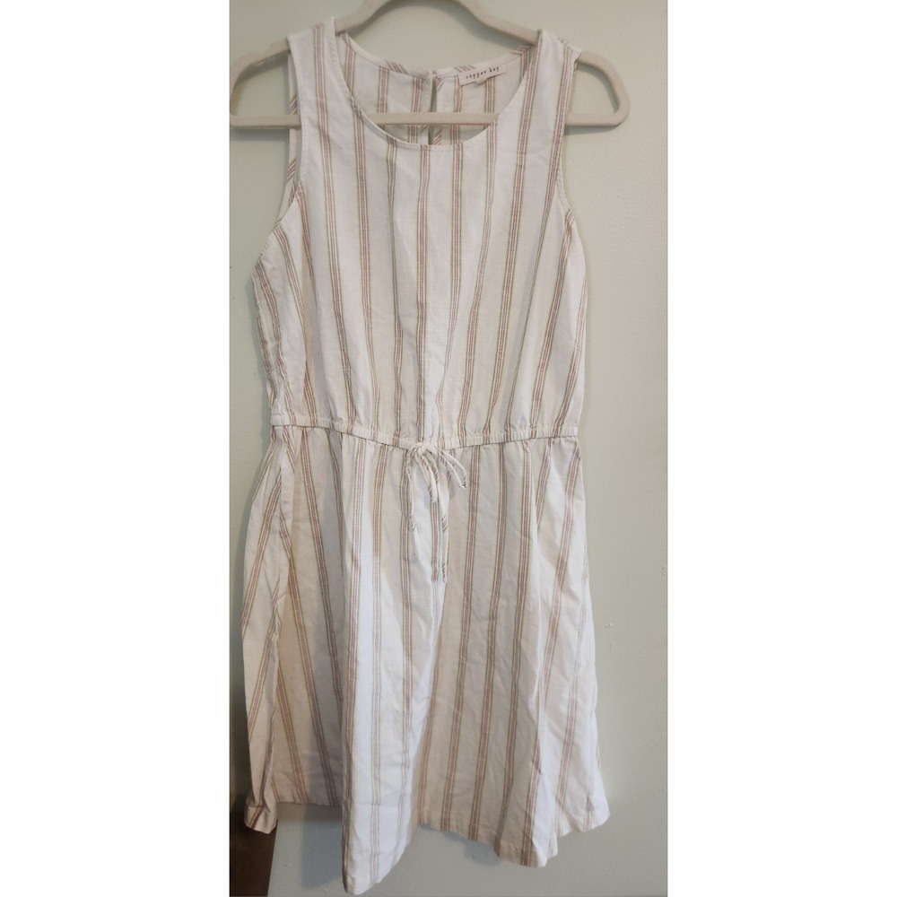 Womens Linen Sleeveless Dress Copper Key Cream Pink Green Stripe Large